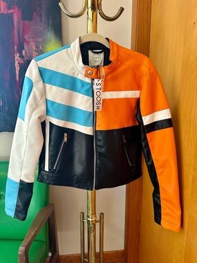 Stoosh Orange, Blue, White & Black Colorblock Faux Leather Jacket